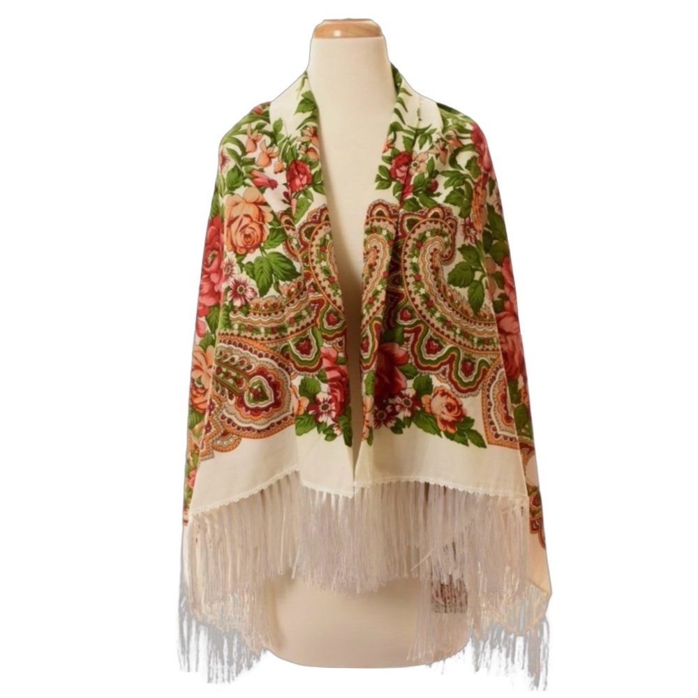 Ukrainian Russian Ivory White Folk Wool Wrap Shawl Scarf Babushka 61”x 61”